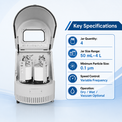 16L Capacity Planetary Ball Mill with Four-Jar Synchronous Operation for 0.1μm Nano Powder Grinding